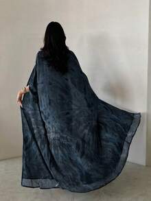 1pc Elegant Casual Chiffon Printed Open Front Long Robe Abaya, Premium Quality Sophisticated Texture, Fashionable & Graceful Eid - Blue - View 3