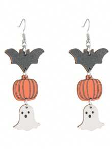 1 coppia di orecchini in legno per donne in stile Ognissanti, con design divertente di zucca, fantasma e pipistrello, a forma di goccia forata a pendente