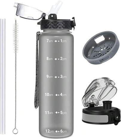 1L/32oz Sports Bottle, 1000ml Motivational Drinks Bottle With Markings Leak Proof Drink & Lock Cover & No Straw, Adults Women Men Gym School Cycling Running Hiking