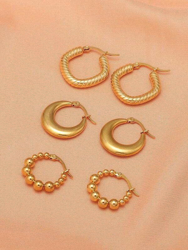 3 Pairs 316 Stainless Steel Geometric Design Earrings