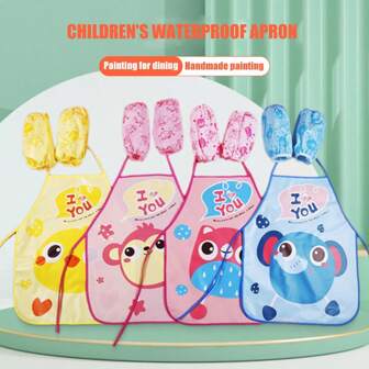 可爱卡通儿童带袖烹饪围裙、厨师帽和口袋围裙套装、儿童手工艺术厨房烹饪厨师套装（适用于饮料、食物和烘焙玩具）、3-8 岁、防水 PVC 绘画罩衣、学龄前儿童艺术罩衣