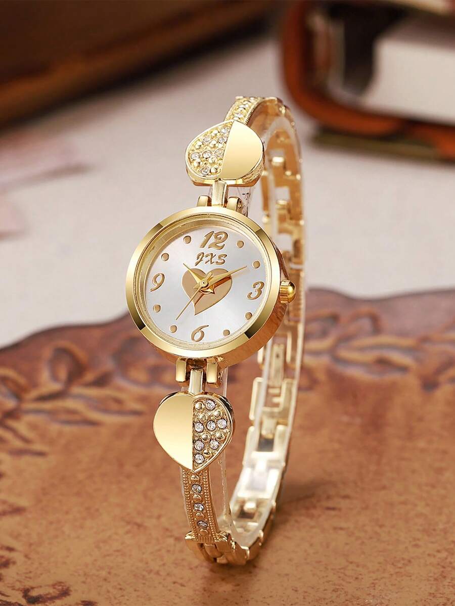 Women's Fashion Minimalist Round Heart Pattern Mixed Scale Diamond-Set Heart Quartz Watch 1pc/Set - Rose Gold - View 1