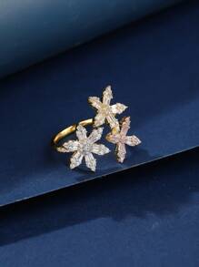 1pc Copper Material Zirconia Snowflake Design Open Ring, Fashionable And Elegant, Suitable For Gifts, Women's Daily And Holiday Wear