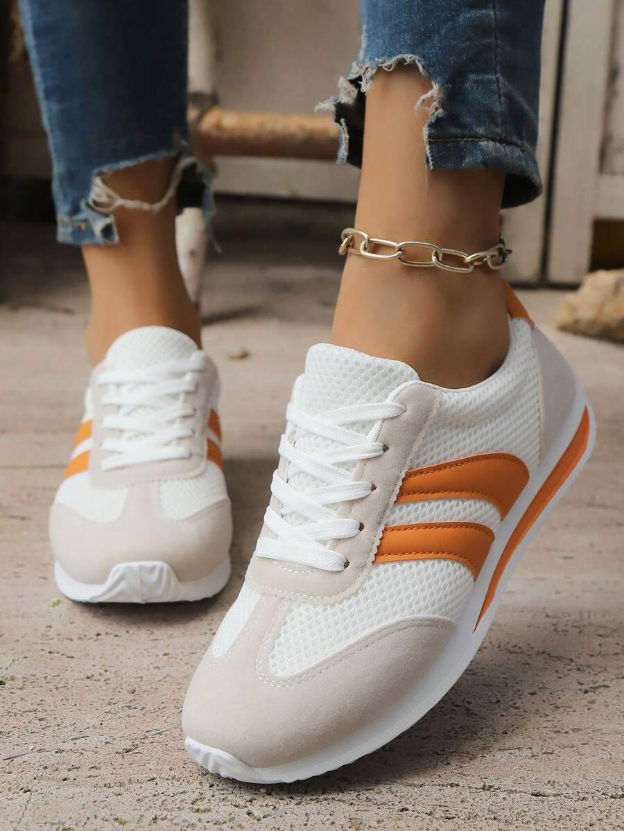 Women'S Fashionable Orange Sneakers With White Laces And Rubber Soles - Casual Low Top Sneakers For All Seasons, Comfortable Walking Shoes|Casual Footwear|Rubber Sole Sneakers - Orange - View 1