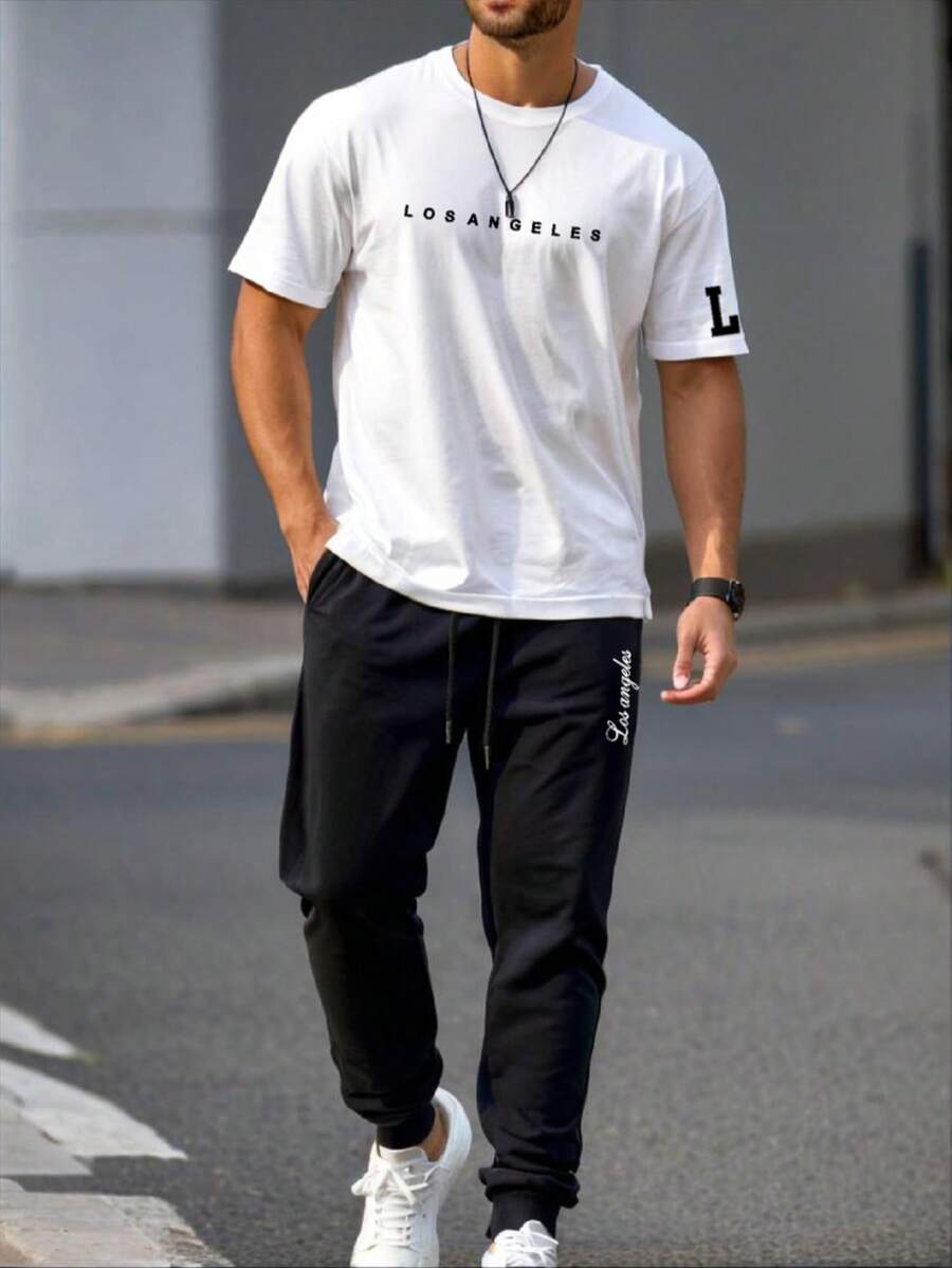 2pcs/Set Men's Fashionable Casual English Text Short Sleeve T-Shirt And Pants Set, Suitable For Street, Outdoor, And Daily Wear - White - View 1