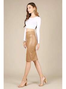 Faux Leather Skirts For Women High Waisted Leather Bodycon Pencil Skirt - Da giả màu trắng - Xem 4
