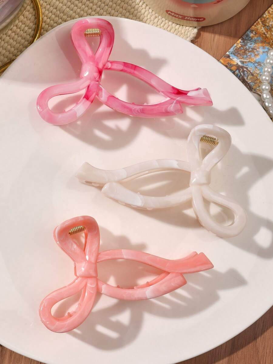 3 件套 ABS 材质春夏女孩大理石渐变梦幻粉色和橙色可爱丝带蝴蝶结发夹，适合海滩和海边发饰时尚发饰优雅发夹秋冬度假装女士