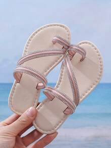 1 Pair Baby Girls Fashion Slippers, Soft Mirror PU Material, Rhinestone Decor, Round Toe, Slip-On Design, Lovely Flat Beach Sandals For Casual, Party, Beach, Daily Wear