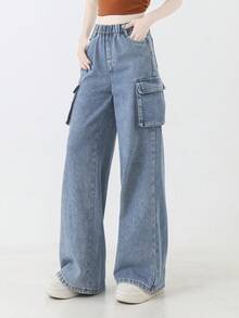 Teen Girl Blue Cargo Pants, Multi-Pocket Casual Loose Long Washed Denim Jeans - Blue - View 3