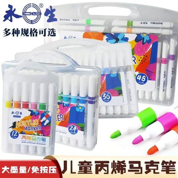 Conjunto de canetas marcadoras acrílicas coloridas 12/24/36/48, canetas pincel coloridas à base de água, resistentes à descoloração, sem sujeira, para desenhar, colorir, faça você mesmo