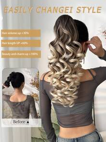 20 Inch Deep Brown Wavy Clip-In Ponytail Hair Extensions, Soft & Natural, Synthetic Hair, For Women - Brown Ombre - View 4