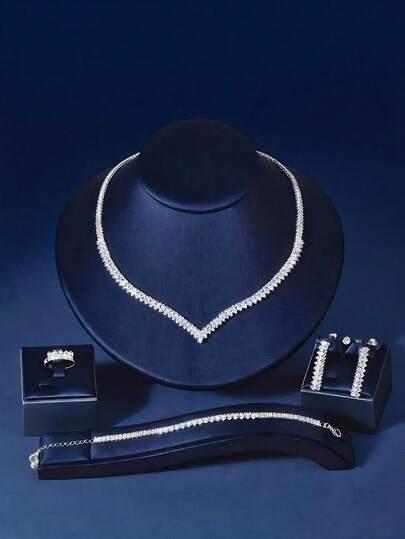 סט אחד של תכשיטי אופנה לנשים - זירקוניה מעוקבת + שרשרת, עגילים, צמיד וטבעת יהלומים בעיצוב חדש 4 יחידות אביזרי יהלומים המתאימים ללבישה יומיומית