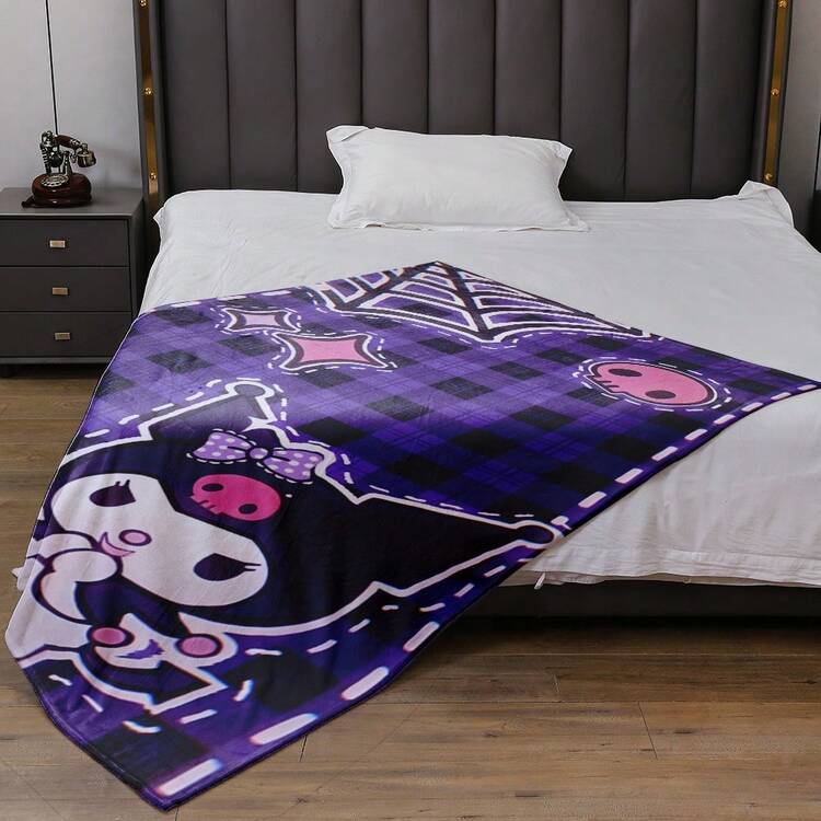 1 件 Sanrio Kuromi 图案柔软毛绒印花法兰绒毯，万圣节骷髅盖毯，适合床、沙发、办公室、露营 - 所有季节，送给家人和朋友的完美万圣节礼物，办公室膝毯 | 卧室装饰 | 蓬松涤纶，格纹设计，紫色盖毯 - 彩色 - 查看 4