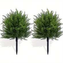24 Inch Artificial Cedar Ball Tree With Ground Spikes, UV Resistant Fake Shrubs, Set Of 2 Artificial Cypress Fake Plants Artificial Shrubs For Indoor And Outdoor Front Porch Garden Decorations, Christmas Decorations