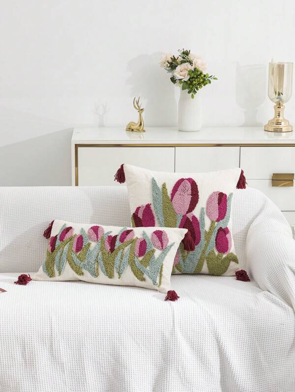 1 pièce/2 pièces Housse de coussin à motif tulipe, taies d'oreiller décoratives en chenille bohème avec pompons brodés, pour salon, chambre à coucher, terrasse extérieure, jardin, voiture, 12"X24", 20"X20", sans rembourrage