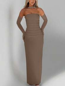 Damen plissiertes rückenfreies Maxikleid mit Schlitz und Handschuhen, figurbetontes sexy elegantes Abendkleid - Khaki - Übersicht 1