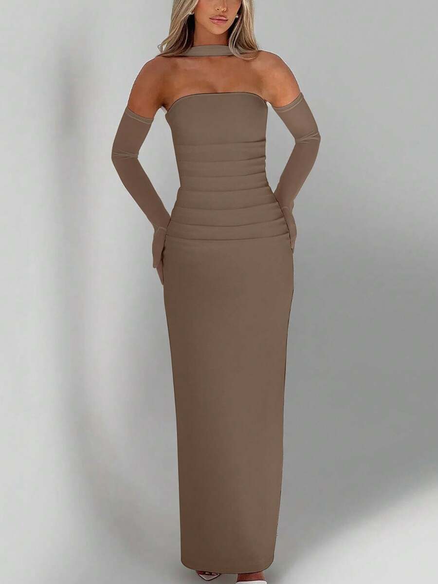 Damen plissiertes rückenfreies Maxikleid mit Schlitz und Handschuhen, figurbetontes sexy elegantes Abendkleid - Khaki - Übersicht 1