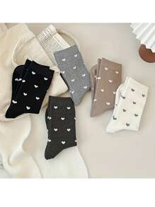 5 Pairs Women's Heart Print Casual Everyday Mid-Calf Socks
