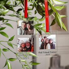 1PC Custom Acrylic Photo Ornament - Can Hold 1-3 Photos And Add Text, Transparent Rectangular Design With Red Ribbon, Suitable For Christmas Tree Decoration, Family Photo Commemoration, Best Friend Gift, Pet Commemoration Or Anniversary Holiday Gift