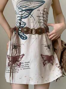 女式西部牛仔铆钉装饰复古棕色皮带，百搭牛仔裤，适合夏季、秋季、秋季、万圣节等风格