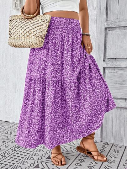 Plus Size Women Casual Ditsy Floral Long Skirt Summer