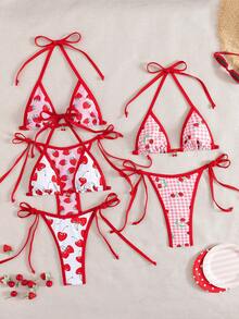 2 piezas Conjunto de bikini de mujer con estampado de cerezas, escote halter, para vacaciones en la playa con ribete contrastante, para verano - Multicolor - Ver 7
