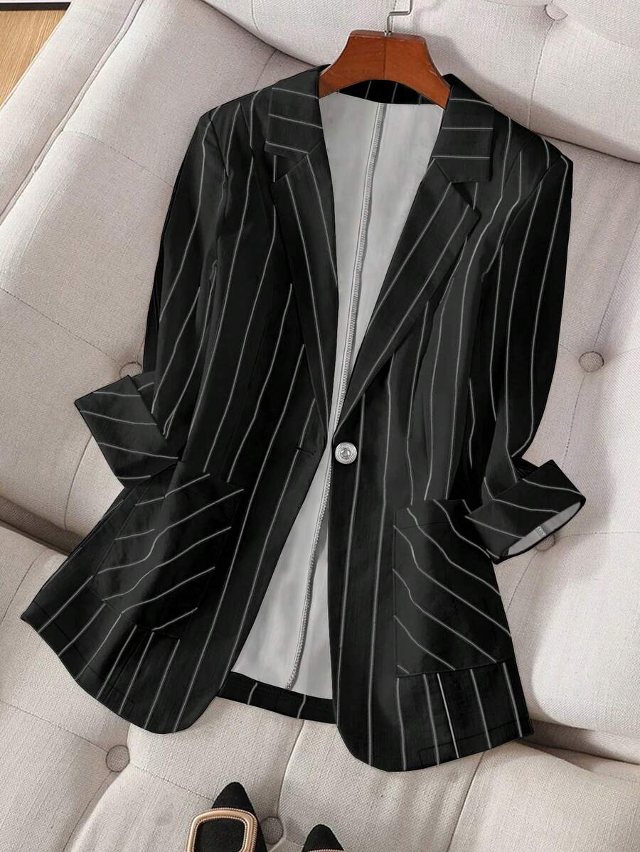 Áo khoác blazer giản dị tay 3/4 sọc mỏng đơn nút đơn giản mùa xuân/hè cho nữ - màu đen - Xem 1