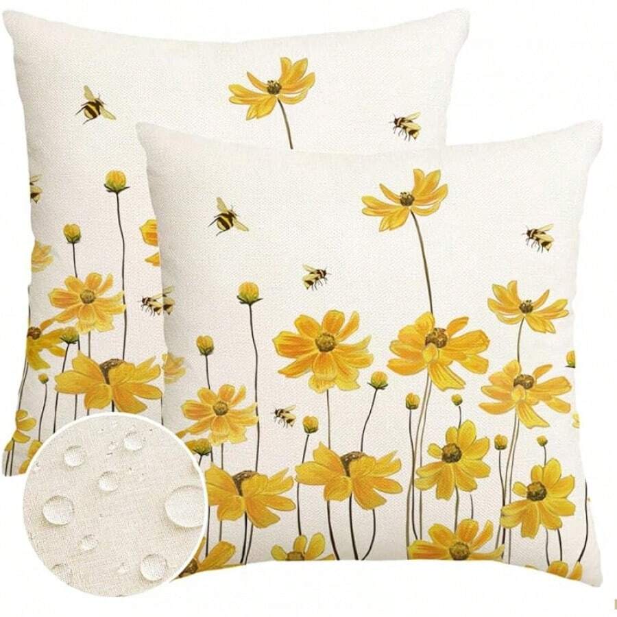 Summer Outdoor Pillow Covers 18x18 Set Of 2 Waterproof Daisy Throw Pillow Covers Spring Decorative Farmhouse Cousion Case For Patio Furniture Garden Home Sofa Couch Yellow - 黃色 - 查看 1