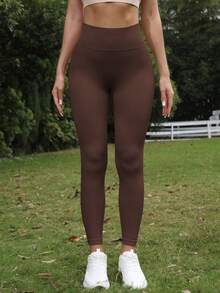 Women's High Waist Tummy Control Yoga Pants, Solid Color Opaque, Excellent Elasticity Fall - Brown - View 3
