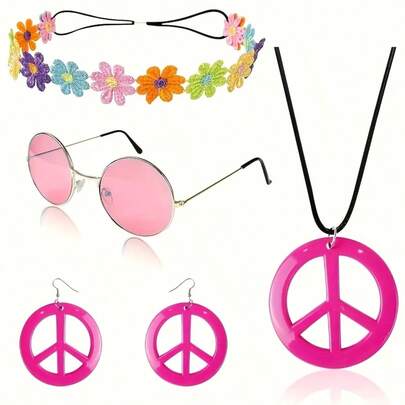 5pcs Hippie Costume Set Including 1 Rainbow Peace Sign Necklace & Earrings, 1 Flower Crown Headband, And 1 Pair Of Hippie Glasses, Carnival/Mardi Gras/Unisex Costume Accessories, Travel, Holiday, Festival Decor,Halloween,For Summer Costume