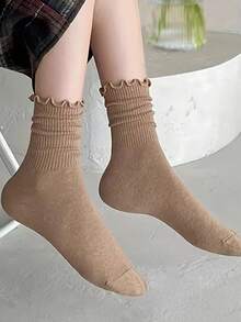 8双女童荷叶边中筒袜，纯色INS袜子，女士休闲中筒袜，简约舒适透气运动袜，篮球袜，足球袜，黑袜，白袜，情侣袜，吸湿排汗，抗菌防臭，商务休闲适用，户外运动，跑步，学院风， - 彩色 - 查看 8