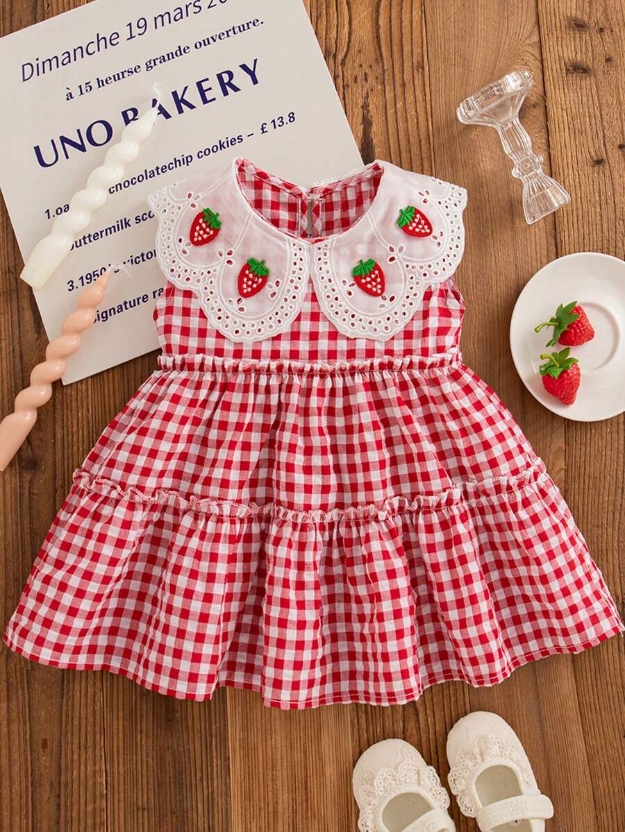女童可爱草莓荷叶边领格子无袖休闲夏装