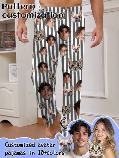 Customized Men's Pajama Pants With Unique Features - Couple Portrait, Couple Face Swap, And Pet Face Swap,Colorful,Cute,Adorable,Contracted,Funny,Custom,Unique,Customized,Personalized,Ideal Gifts For Him,Ideal Gifts For Her,Boyfriend,Girlfriend,Family,Friends,Her, Fall, Winter