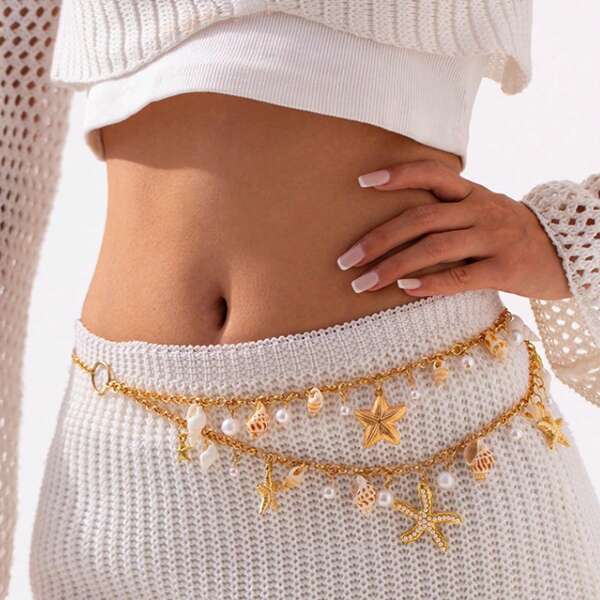 1pc Multilayer Starfish & Shell Waist Chain, Stylish Beach Outfit Accessory, Atmospheric Summer Vibe