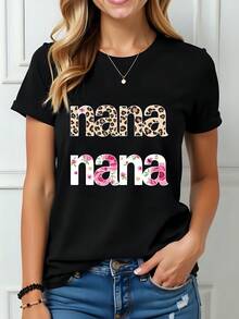 Camiseta de Mujer de 180g Negra de Algodón con Cuello Redondo y Manga Corta, Diseño de Letras "Nana" con Estampado de Leopardo y Flores, Ideal para Primavera Verano Casual, Estilo Juvenil y Atemporal - Negro - Ver 1