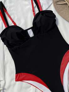 女士时尚黑红拼接连体泳衣 - 紅色 - 查看 2