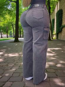 Pantalon jeans de mezclilla estilo corte ancho cargo stretch para dama mujer push up cintura alta urbano - Gris cargo con bolsas - Ver 2