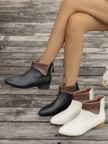 Botas Curtas Elegantes Vintage para Mulheres, Botas Ankle Confortáveis de Salto Baixo, Calçado para Exteriores com Salto Reto Bloco de Cores, Adequado para Primavera/Outono, Botas da Moda para Outono/Inverno