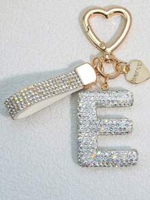 1pc Soft Pottery Pink Letter Rhinestones Keychain, Cute & Personalized Bag Charm, Car Key Chain, Heart Decor Gift For Mom, Friend, Valentine's Day School - White - View 2