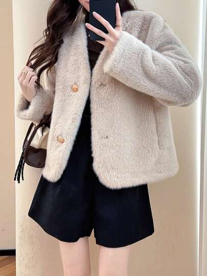 Alicedudu 女士简约优雅短款 V 领仿皮草保暖夹克，适合秋冬季