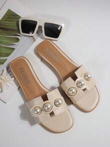 صندل نسائي مسطح مزين بالؤلؤ الاصطناعي، فتحة للأصابع، موحد اللون، غير قابل للانزلاق، صندل كاجوال متعدد الوظائف للاستخدام الخارجي - بيج - مشاهدة 2