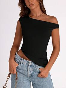 Women's Summer Off-The-Shoulder Sweet Cool Short Top Sleeveless Single Shoulder Pleated Asymmetrical Y2K Going Out Vest Tops For Women - 黑色 - 查看 1