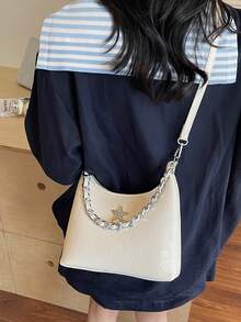 1 件女士纯色 PU 单肩斜挎包，时尚编织链条手提包，五星装饰手提包，适合约会、送礼、通勤、购物