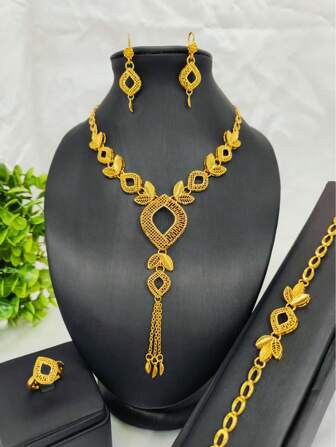 4pcs/Set Fashionable Women Rhombus Leaf Gold-Plated Tassel Pendant Long Necklace, Earrings, Bracelet, Ring Jewelry Set - Suitable For US/Europe/Middle East/Africa Bridal, Wedding, Party, Mother's Day, Graduation Occasion Gift