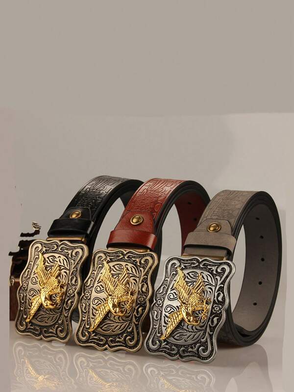 Men's Western Cowboy Style PU Leather Belt With Eagle Pattern Buckle, Embossed Waistband, & Retro Design, Ideal Gift, Suitable All Seasons