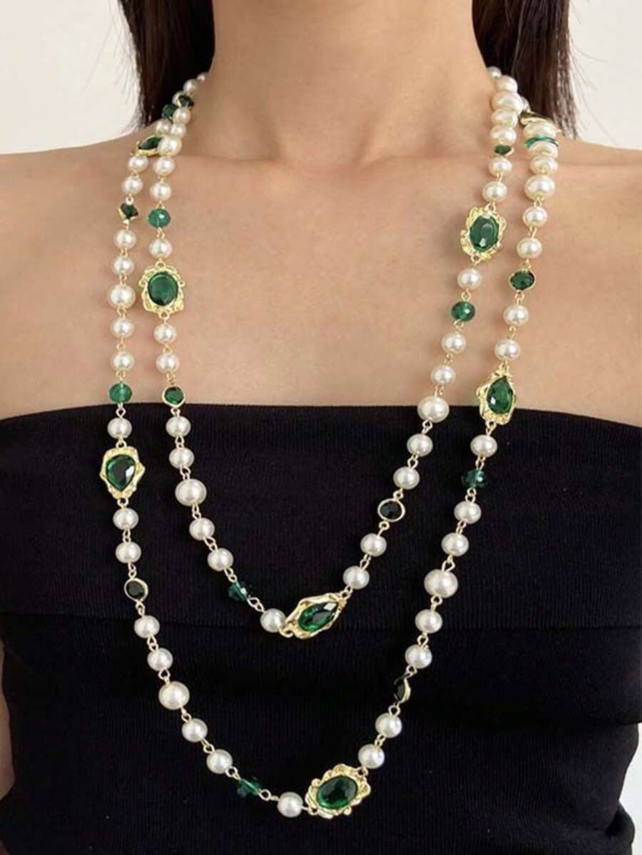 1 Piece Beaded Faux Pearls Crystals Emeralds Gorgeous Fashion Metal Multi-Color Women's Necklace For Dating Party Beach Vacation With Daily Clothing Accessories, Jewelry Gift - 長款 - 查看 1