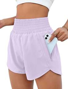 Women'S Athletic Running Shorts, Workout Gym, Elastic Waist Quick Dry Sports Shorts, High Waisted Yoga Workout Shorts With Mesh Liner Zipper Pockets - 淺灰紫 - 查看 1