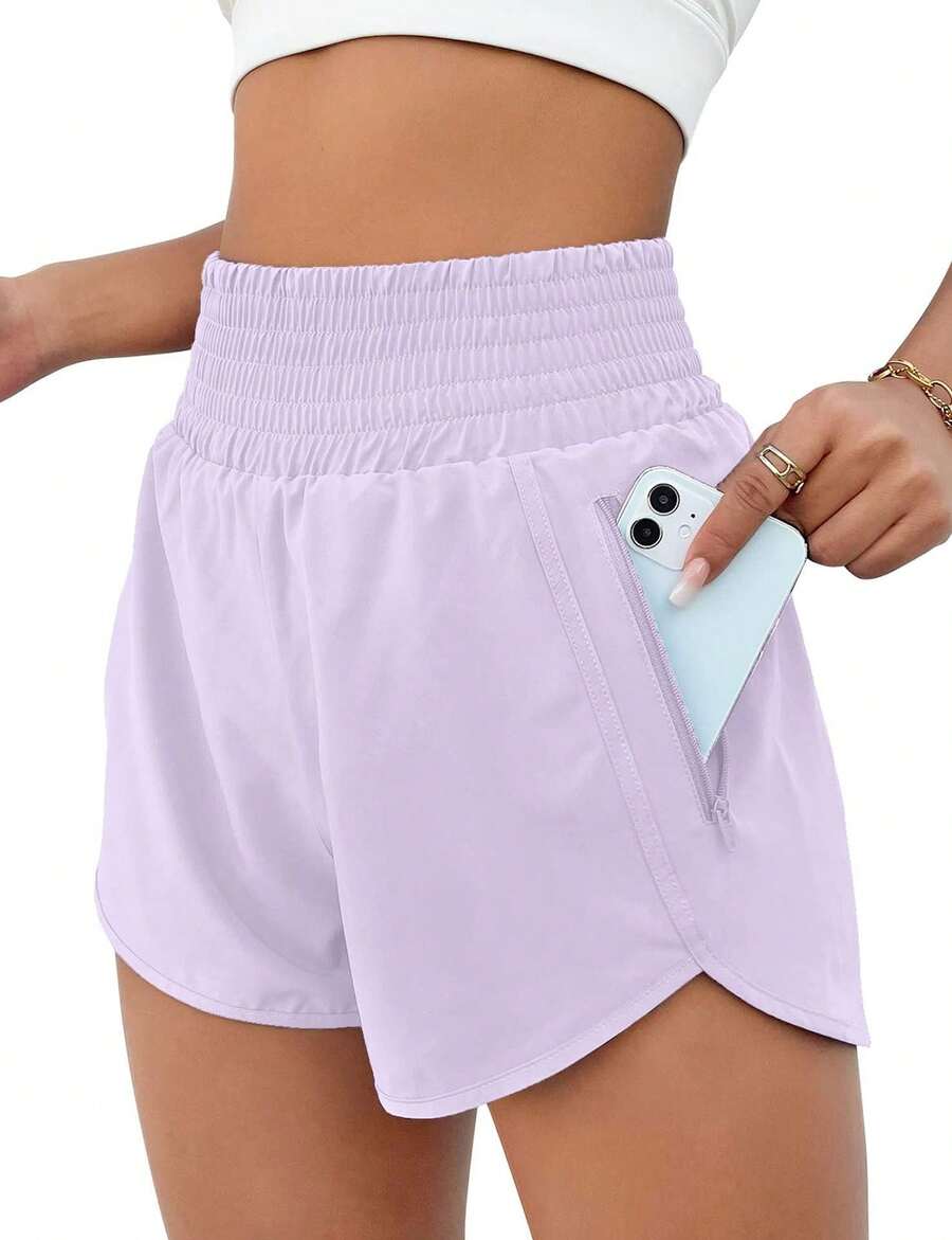Women'S Athletic Running Shorts, Workout Gym, Elastic Waist Quick Dry Sports Shorts, High Waisted Yoga Workout Shorts With Mesh Liner Zipper Pockets - 淺灰紫 - 查看 1