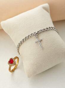 2pcs/Set Creative Heart And Sword Couple Ring Bracelet Collarbone Chain Sword Bracelet Rings Jewelry Set Fashion Accessories For Women Couple Gift Jewelry