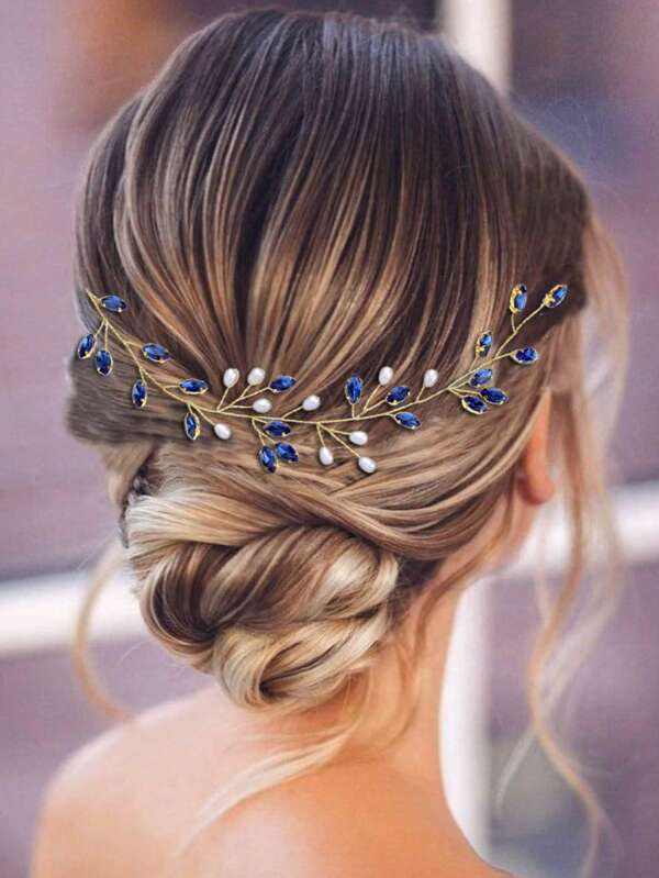 1pc Cross-Border Pearl & Crystal Soft Chain Headband Headpiece, Handmade Navy Blue Claw Diamond Pearl Bride Wedding Hair Accessory